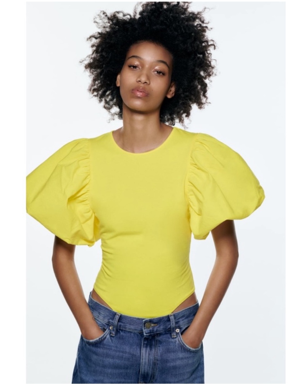 Zara Yellow Puff-Sleeve Bodysuit Size S